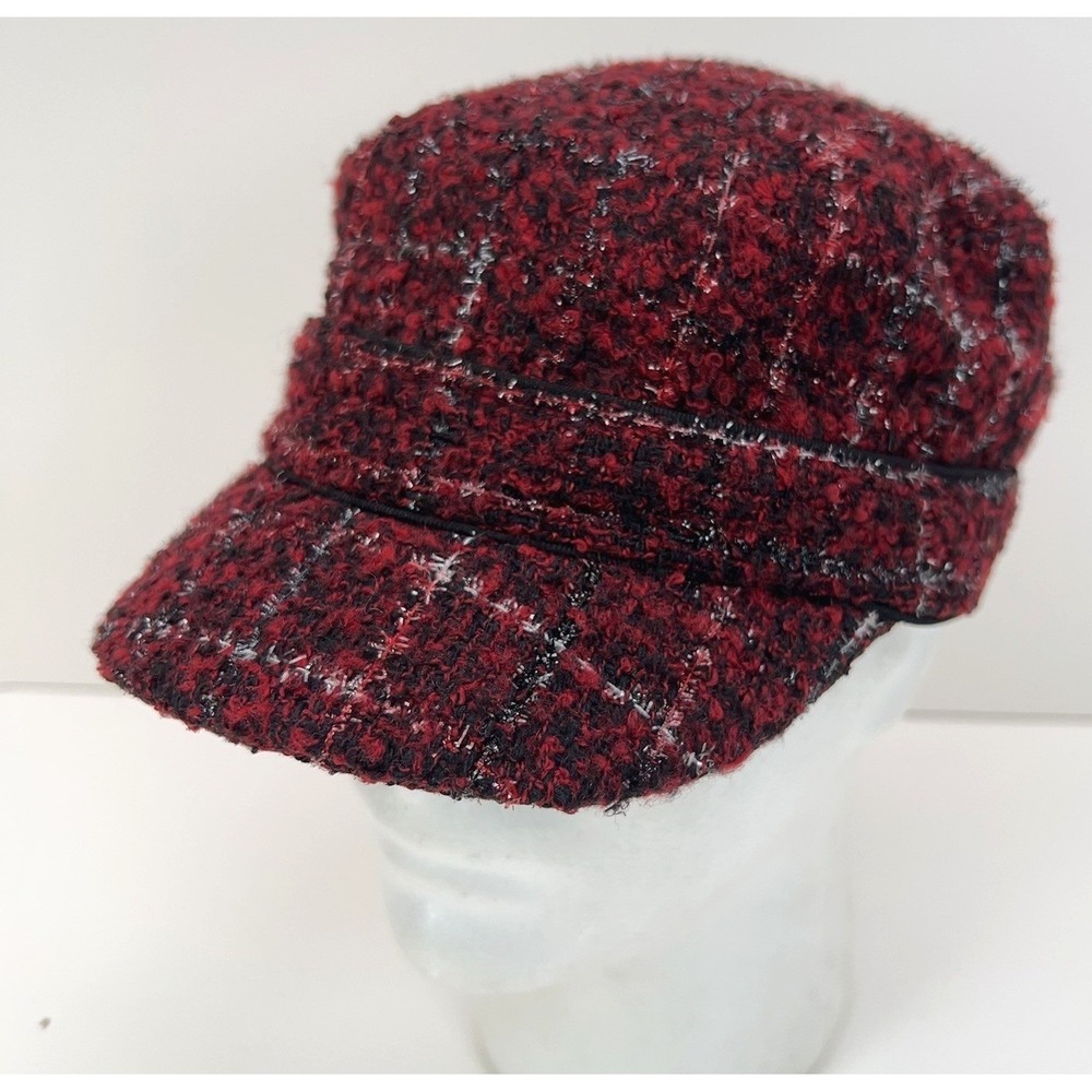 WOMEN'S Tweed Cabbie Hat Textured Red Black Plaid Cadet Newsboy‎ OSFM Boucle Hat